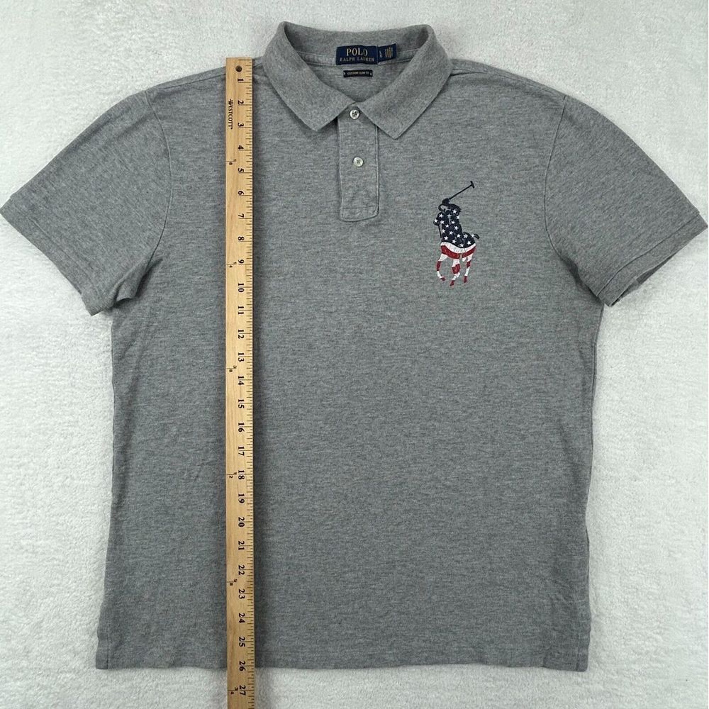 Polo Ralph Lauren Custom Slim Fit Men L Gray Embordered Big Pony Red White Blue - Picture 4 of 9